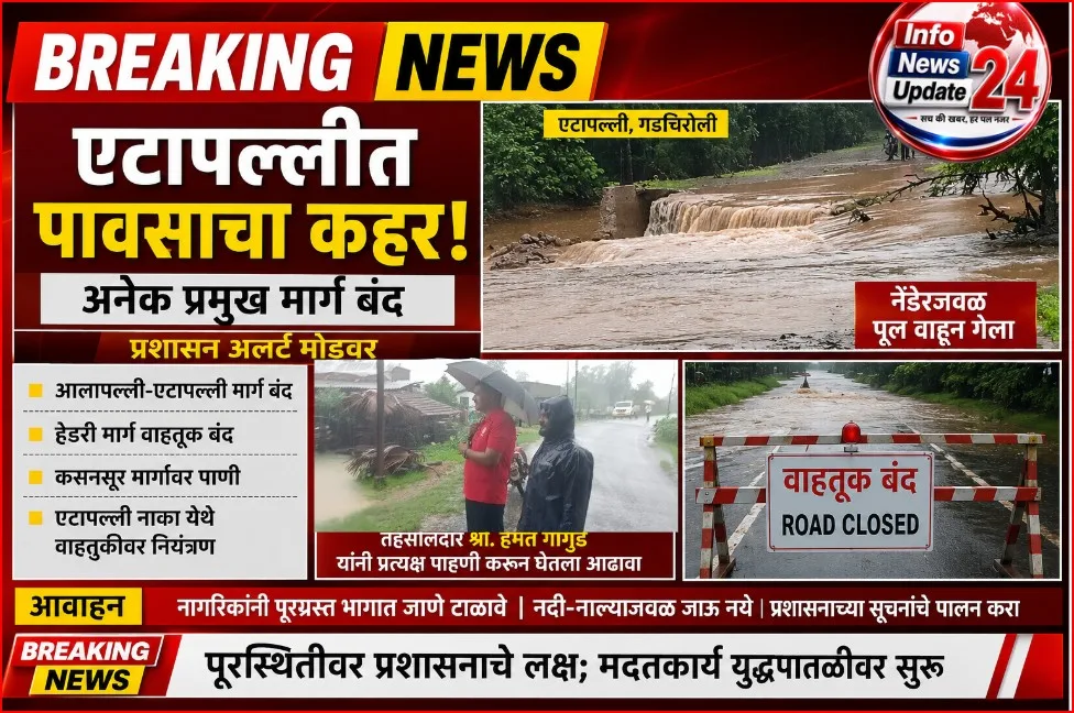 एटापल्लीतील पूरग्रस्त भागाची पाहणी करताना तहसीलदार श्री. हेमंत गांगुर्डे आणि मुसळधार पावसामुळे बंद झालेला रस्ता