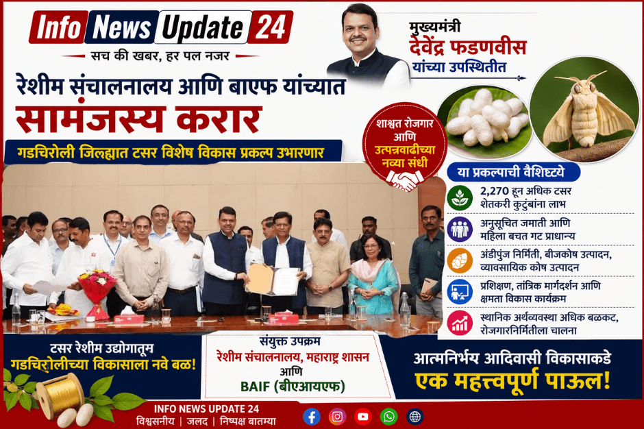 गडचिरोलीत टसर रेशीम विकास प्रकल्पाला गती; रेशीम संचालनालय आणि बाएफमध्ये सामंजस्य करार gadchiroli tussar silk development project baif 2026