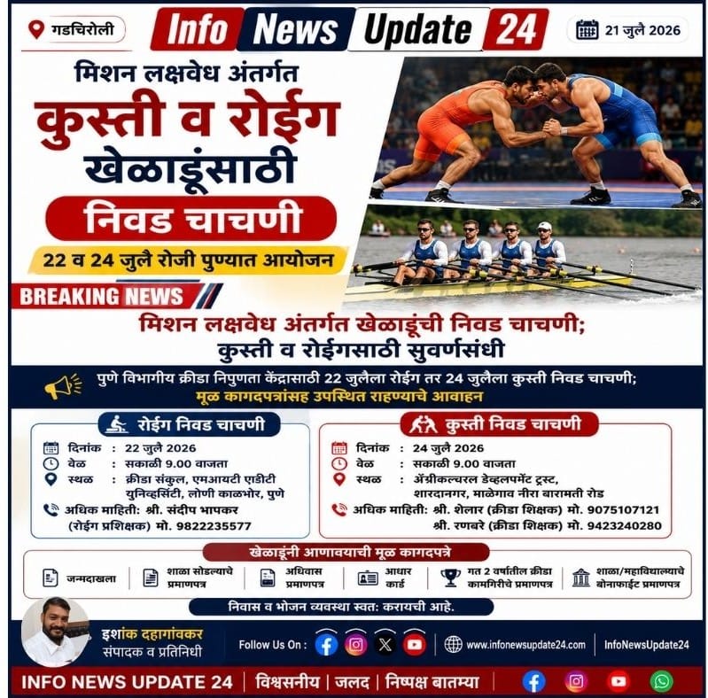 मिशन लक्षवेध अंतर्गत कुस्ती व रोईंग खेळाडूंसाठी निवड चाचणी; २२ व २४ जुलै रोजी पुण्यात आयोजन मिशन लक्षवेध mission-lakshyavedh-wrestling-rowing-selection-trial-2026