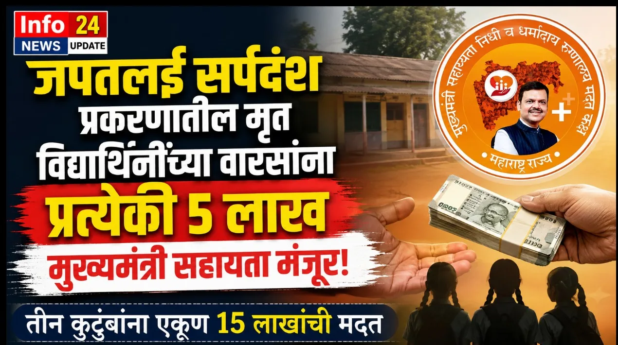 जपतलई सर्पदंश घटनेतील मृत विद्यार्थिनींच्या वारसांना मुख्यमंत्री सहायता निधीतून मंजूर करण्यात आलेल्या आर्थिक मदतीचे प्रतिनिधिक दृश्य Image Caption: जपतलई सर्पदंश घटनेतील