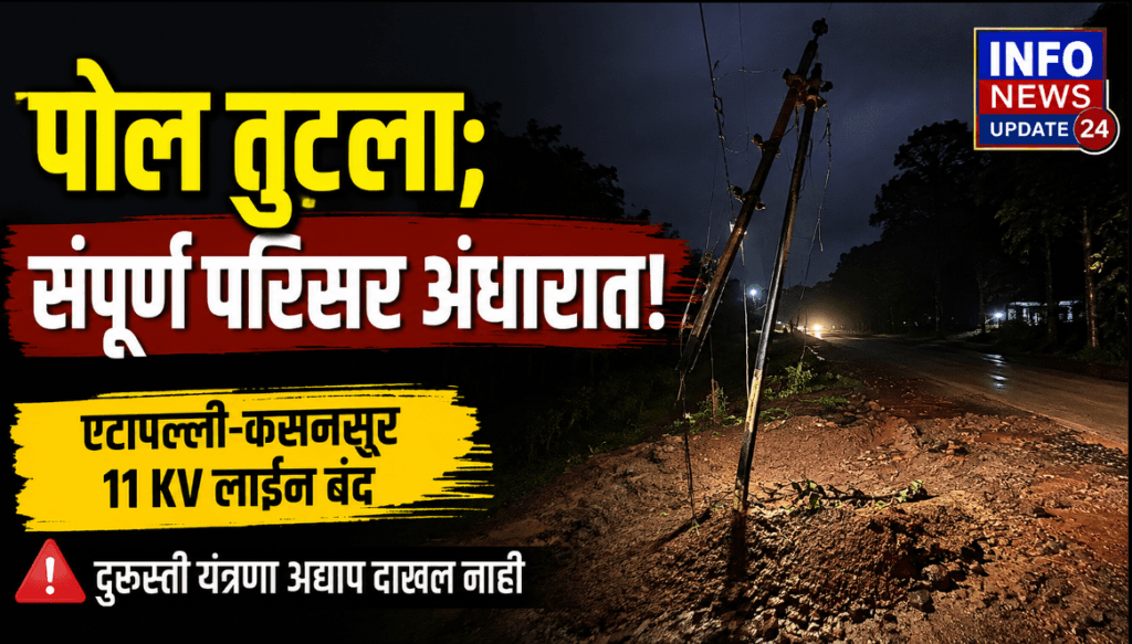 वाहनाच्या धडकेनंतर तुटलेला वीज पोल आणि खंडित वीजपुरवठ्याचा परिसर