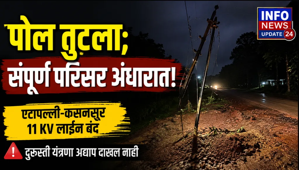 वाहनाच्या धडकेनंतर तुटलेला वीज पोल आणि खंडित वीजपुरवठ्याचा परिसर