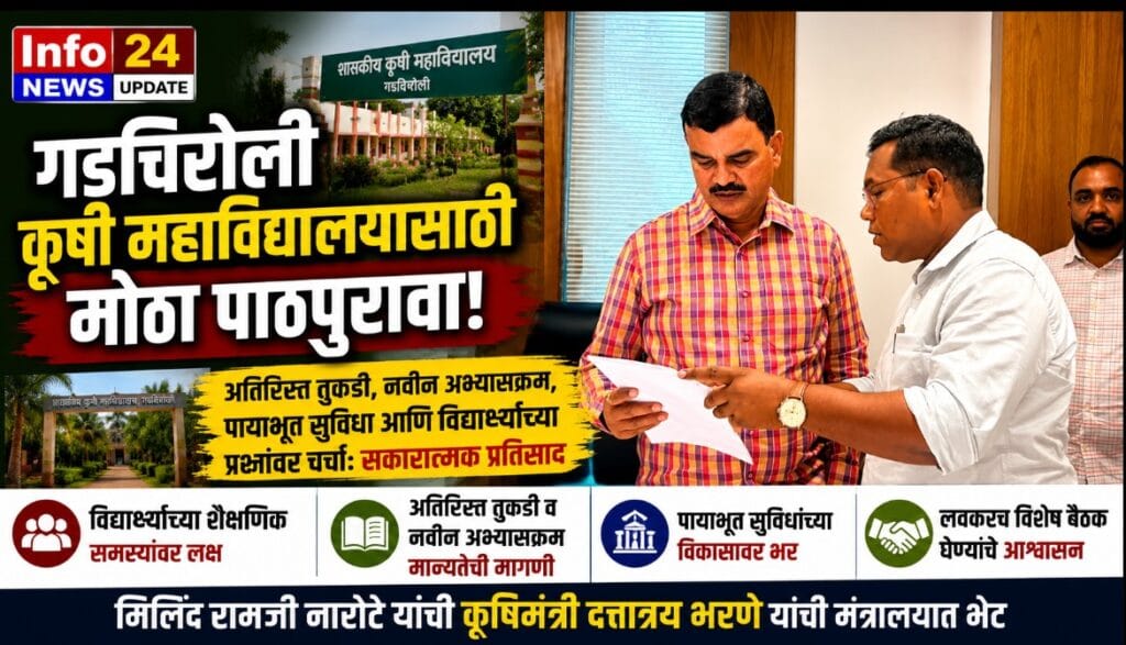 गडचिरोली कृषी महाविद्यालयातील प्रश्नांबाबत मिलिंद नारोटे यांनी कृषिमंत्री दत्तात्रय भरणे यांची भेट घेतली.