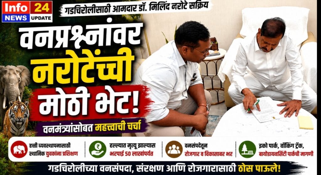आमदार डॉ. मिलिंद नरोटे वनमंत्री गणेश नाईक यांच्यासोबत वनविषयक प्रश्नांवर चर्चा करताना