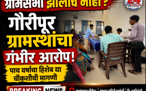 गौरीपूर गावातील ग्रामपंचायत कार्यालयासमोर ग्रामसभा व आर्थिक व्यवहारांच्या चौकशीची मागणी करणारे ग्रामस्थ.