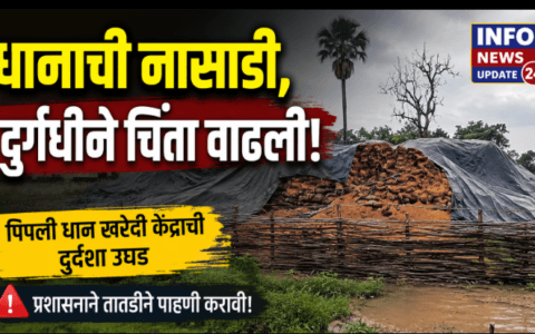 पिपली येथील धान खरेदी केंद्राच्या परिसरात खराब अवस्थेत साठवून ठेवलेले धान