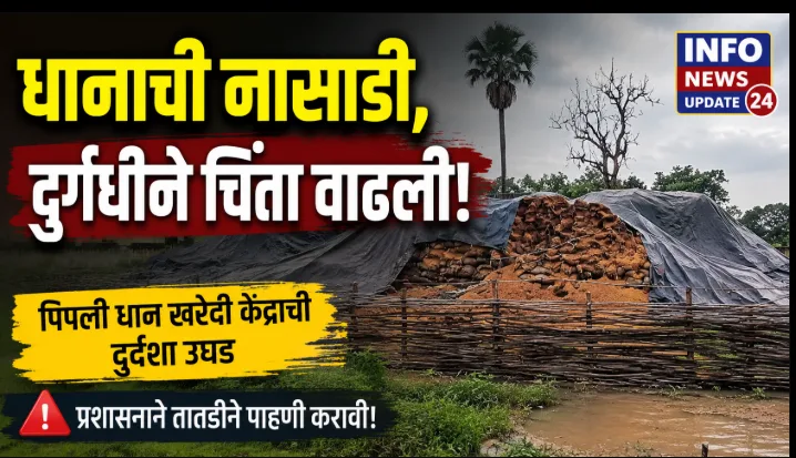 पिपली येथील धान खरेदी केंद्राच्या परिसरात खराब अवस्थेत साठवून ठेवलेले धान