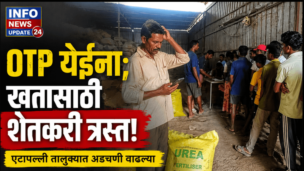 युरिया खत खरेदीसाठी दुकानात आधार प्रमाणीकरणाची प्रक्रिया पूर्ण करण्यासाठी प्रतीक्षा करणारे शेतकरी